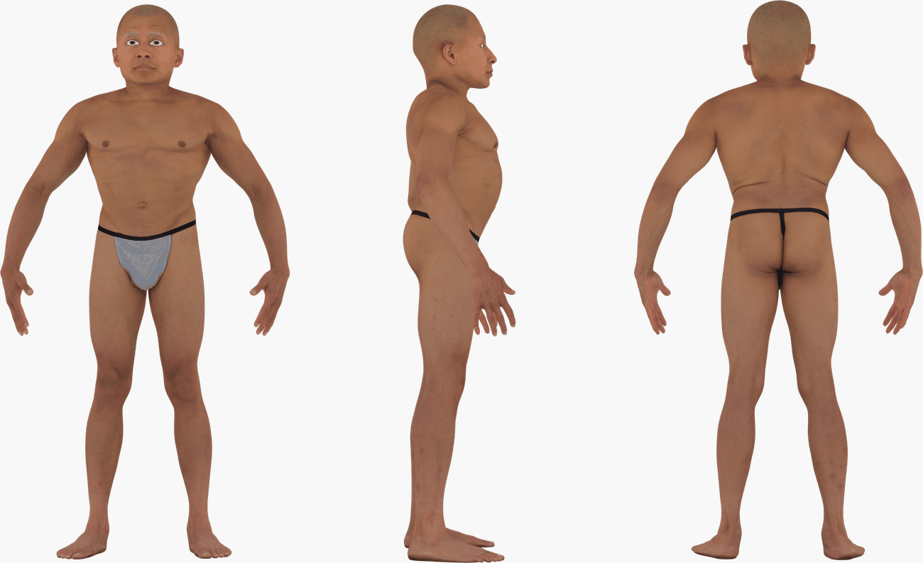 PBR texture map set for a male 3D body scan including Albedo, Normals, Specular, Metalness, and Diffuse channels